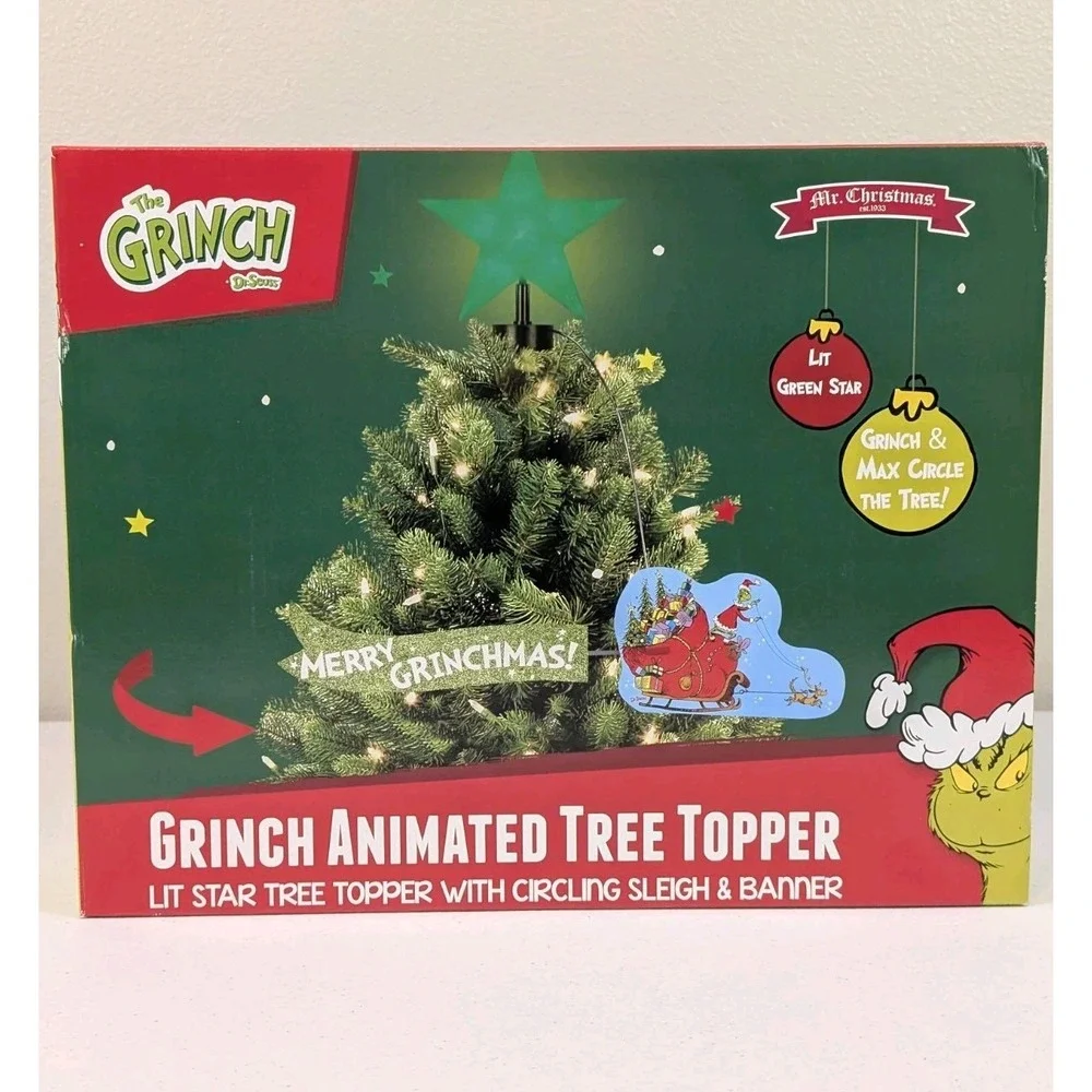 New Dr Seuss Grinch Sleigh Animated Christmas Tree Topper Merry Grinchmas LED